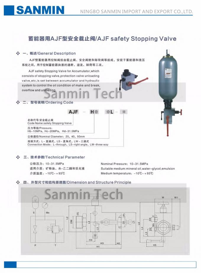 High Efficiency Hydraulic Accumulator AJF 25 Safety Hydraulic Stop Valve